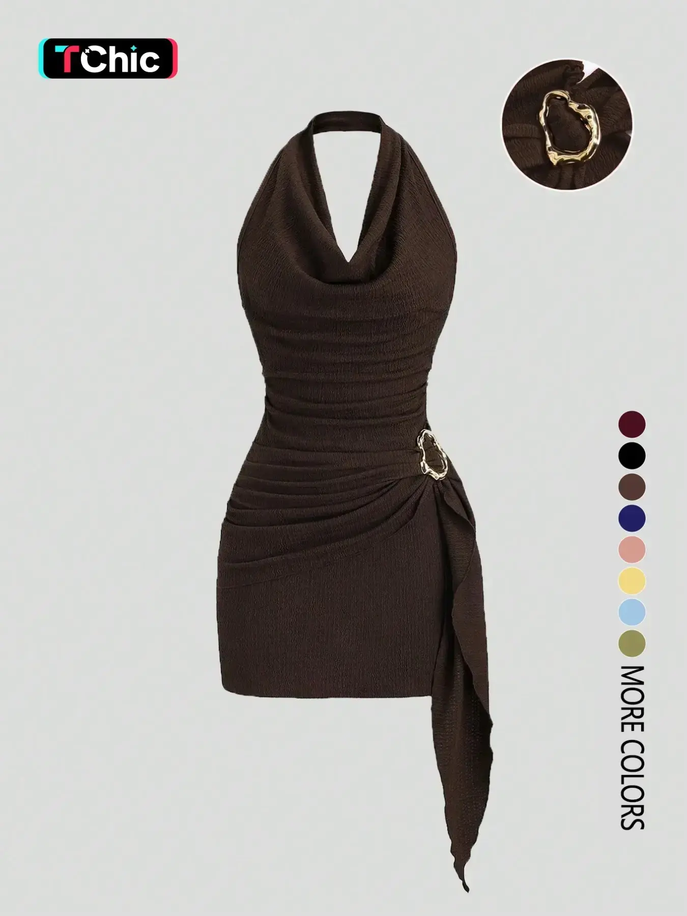 Women's Solid Halter Neck Sleeveless Backless Slim Fit Ruched Dress Business Chic Stretchy Knit Midi Lounge