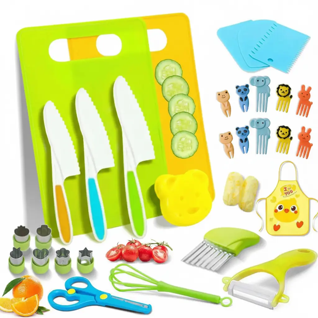 Premium Montessori Childrens Cooking Set - Child-Safe Cooking Playset with Cute Apron, Food Shapers, Food Preparation Tools, Toddler Kitchen Accessories, Educational Gift Set for Family Bonding
