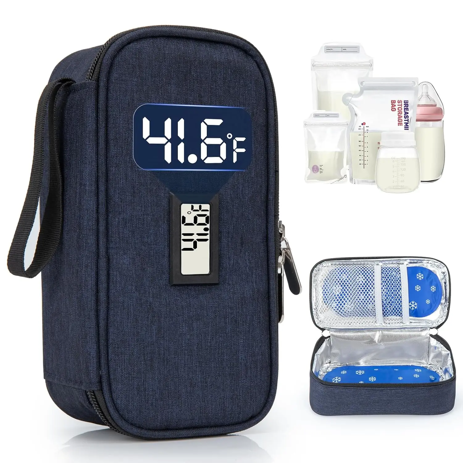 Breast Milk Cooler Travel Bag, Real-Time Temperature Display, Holds 4-6 Breastmilk Storage Bag with 2 Breast Milk Ice Pack, Cooling & Waterproof Portable Cooler for Moms the Go (Navy Blue)