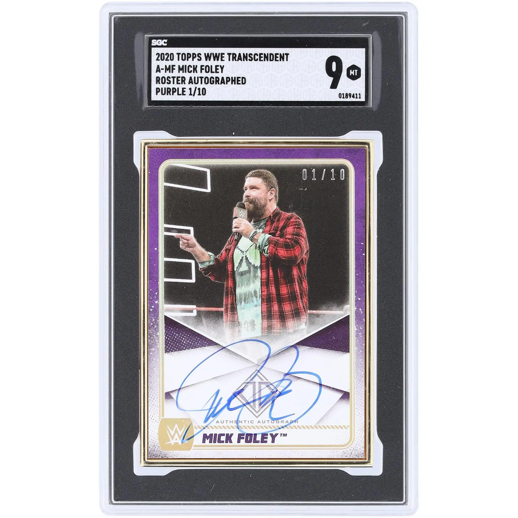 Mick Foley WWE Autographed 2020 Topps WWE Transcendent Purple Gold Framed Roster #A-MF #1/10 SGC Authenticated 9 Card - Fanatics Authentic Certified