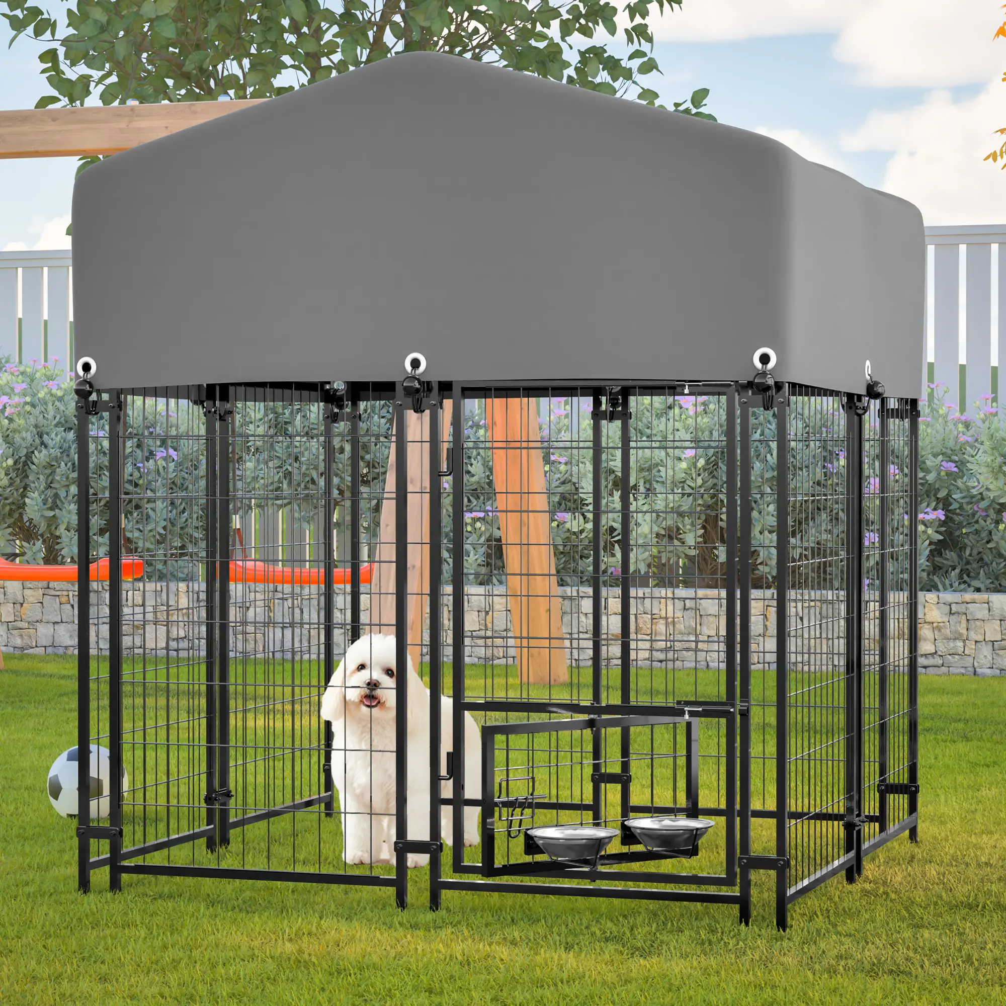 Outdoor Escape-Proof Epoxy-Coated Wire Metal Dog Kennel - 4.23x3.83x4.83 FT Heavy-Duty Modular Welded Crate with All-Weather Roof, 360° Rotating Feeder, Dual-Lock Security, Customizable Design for Large Pets