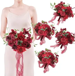 TINGE TIME 9" Artificial Bridesmaid Bouquet Set of 4, Burgundy Red Wedding Bouquets for Bridesmaids, Exquisite Bridal Bouquets for Bride, Perfect for Bridal Shower, Rehearsal Dinner Decor Decorative