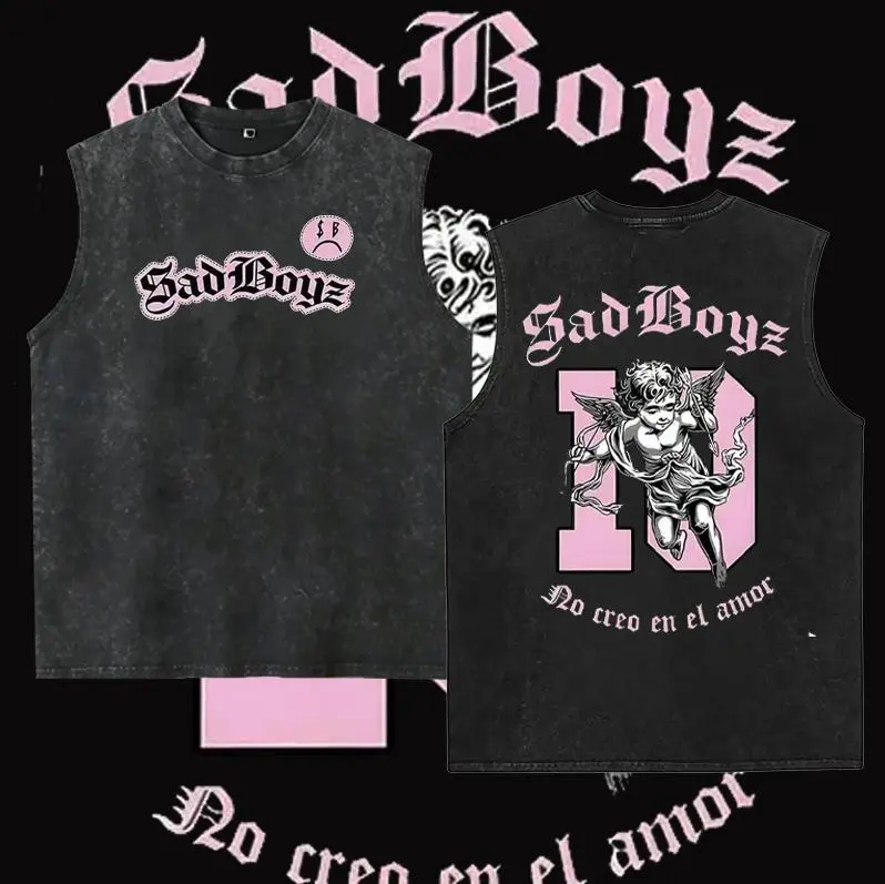 Sad Boyz "No Creo En El Amor" Cupid pattern vest, vintage washed worn-out oversized Y2K streetwear vest, vintage pink Gothic angel streetwear men's vest, aesthetic Emo gifts and junk clothing, summer clothing, streetwear