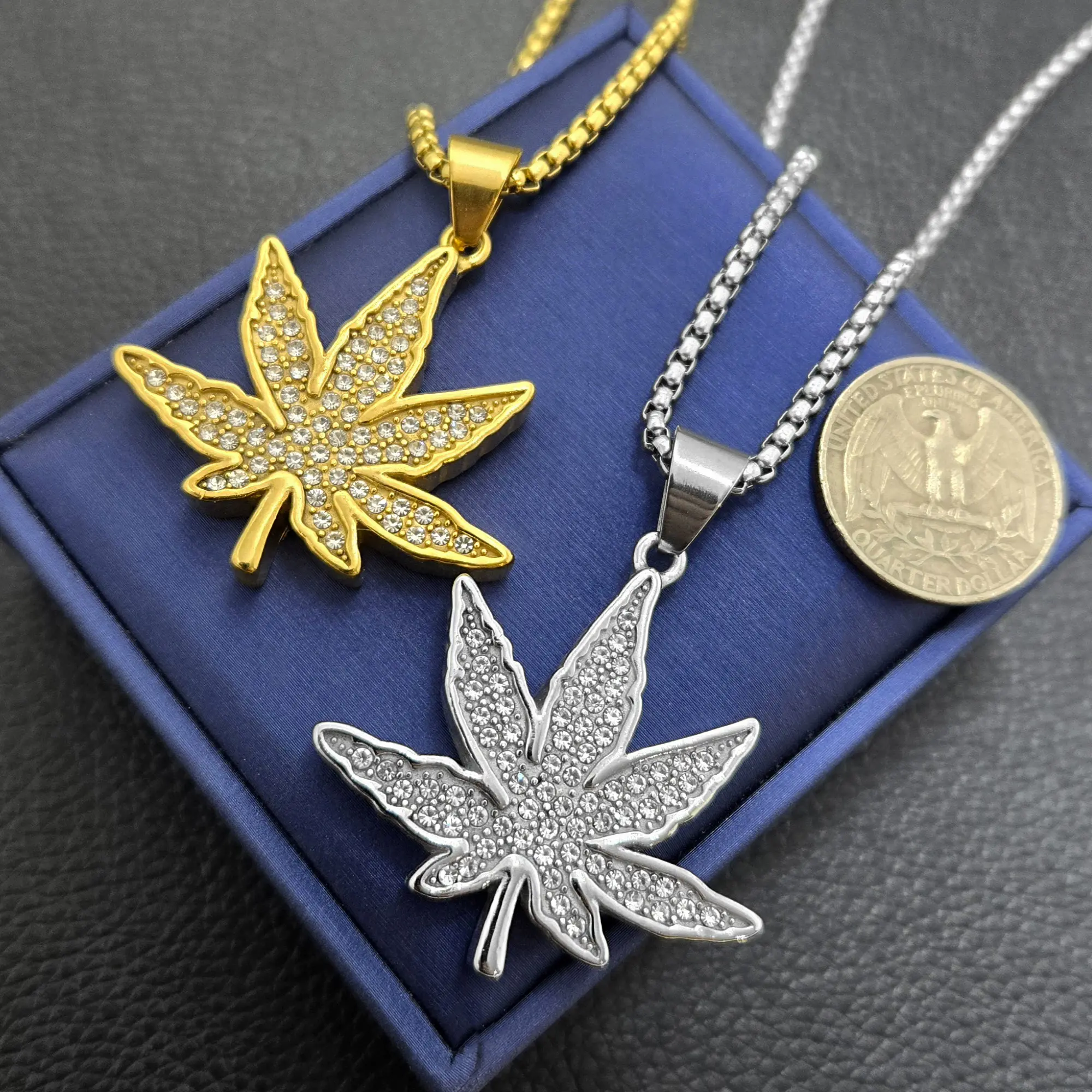 MaxBling81 Unisex Stainless Steel Iced-Out Weed Leaf CZ Statement Pendant Necklace - 24" Long Rolo Chain and Link Steel Chain, 35mm x 40mm, Rust-Resistant Swag Hip Hop Costume Jewelry (Size S)