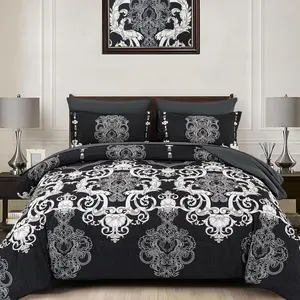 Comforter Set, 7 count Boho Bed in a Bag for  Bed, Black Damask Comforter Set with Sheets, Pillowcases & Shams, Soft Microfiber Lightweight Bedding Sets for  Season(90"x90")