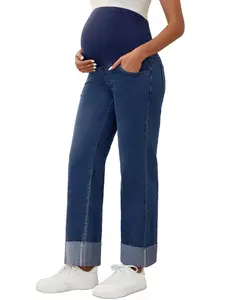 INSPIRE CHIC Women Maternity Jeans Straight Leg Cuffed Comfy Stretch Over Belly Support Pregnant Denim Work Pants
