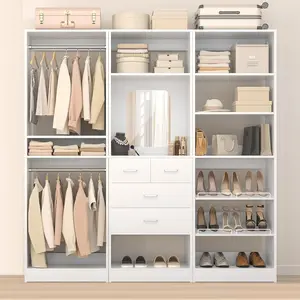 Cyclysio 75” Closet System with Shoe Rack and Hanging Rods, Modern Walk-in Closet Organization Wardrobe with Wooden Drawers and Mirror and Shelves