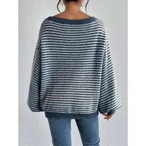 Women's Striped Drop-Shoulder Sweater, Casual Bishop Sleeve Boat Neck Jumper for Daily Outdoor Wear, Ladies Knitwear for All Seasons, Womenswear, Tops