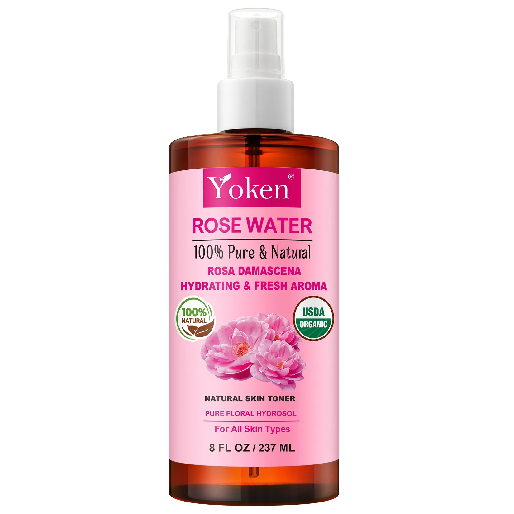 Yoken Organic Rose Water Face Spray Toner - 8 Fl Oz Fine Mist, 100% Pure Rosa Damascena Hydrosol, USDA Certified, Alcohol-Free, Vegan & Dye-Free, Unisex Moisture Boost for Adult All Skin Types, Summer Use