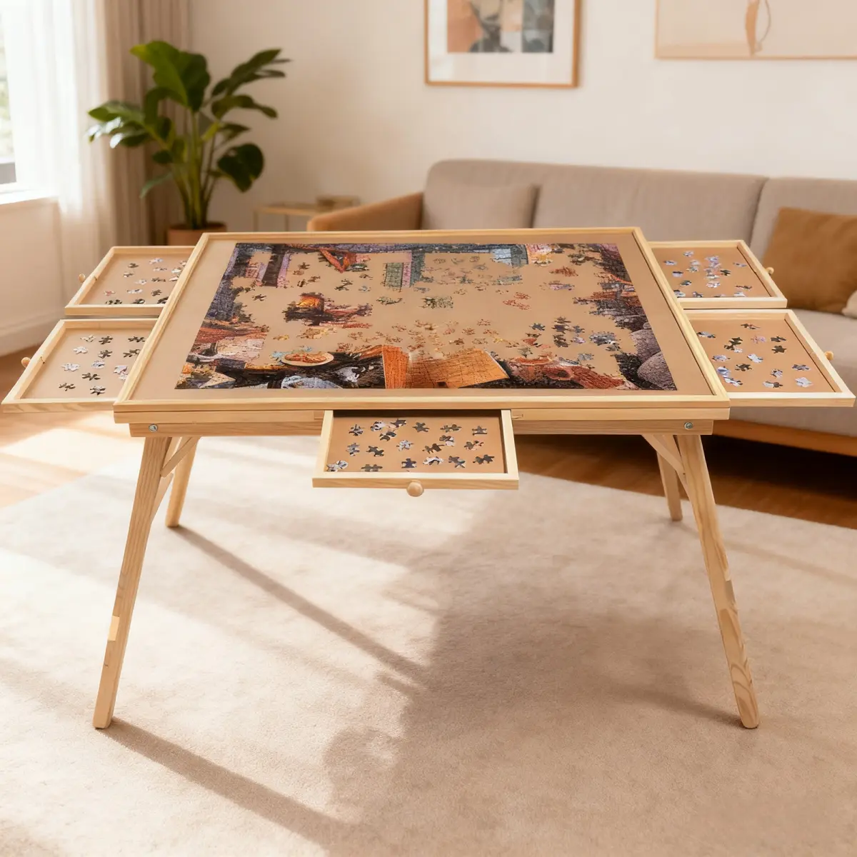 27" H Tall 1500 Piece Puzzle Table with Legs 5 Drawers 34" W x 26" D Large Wood Folding Jigsaw Puzzle Board for Adults Nature Ergonomic Design Durable Construction