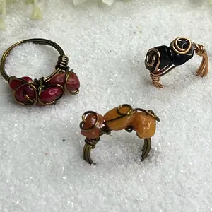 Handmade Cooper Wire Wrap Stones Rings Bohemian Design with Colorful Gemstones and Unique Wirework