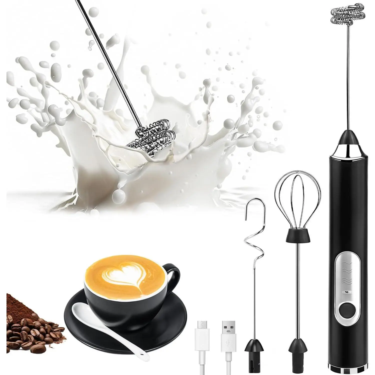Rechargeable Handheld Milk Frother, 3-Speed Electric Coffee Mixer with 3 Detachable Stainless Steel Whisks, Compact Portable Beverage Mixer, Coffee Frother Mixer