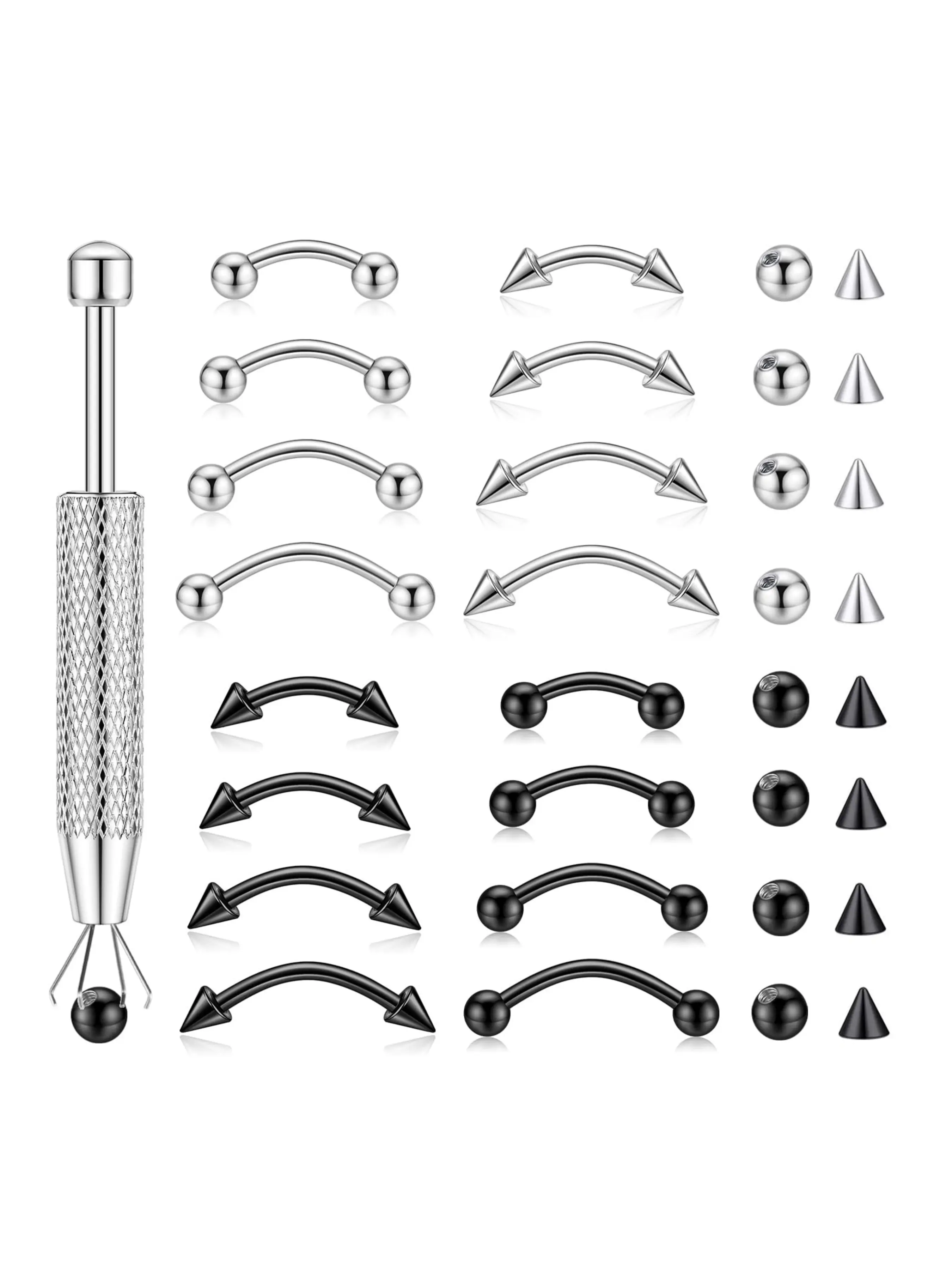 16PCS Eyebrow Piercing Jewelry With Replacement Balls and Spike, Curved Barbell Piercing Jewelry, Chic Body Jewelry, Body Piercings, Vertical Labret Lip Jewelry, Rook Piercing for Women Men