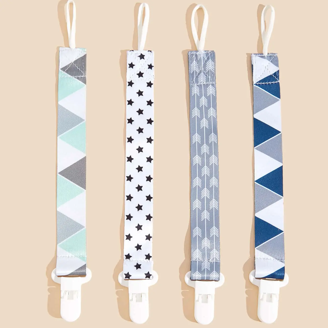 4Pcs/Pack Pacifier Holders With Elastic Band | Baby Pacifier Chain Clips |Universal Holder Soother Clips With Plastic Clasp For Baby Teething Toys Teethers | Ideal Baby Gift For Boy