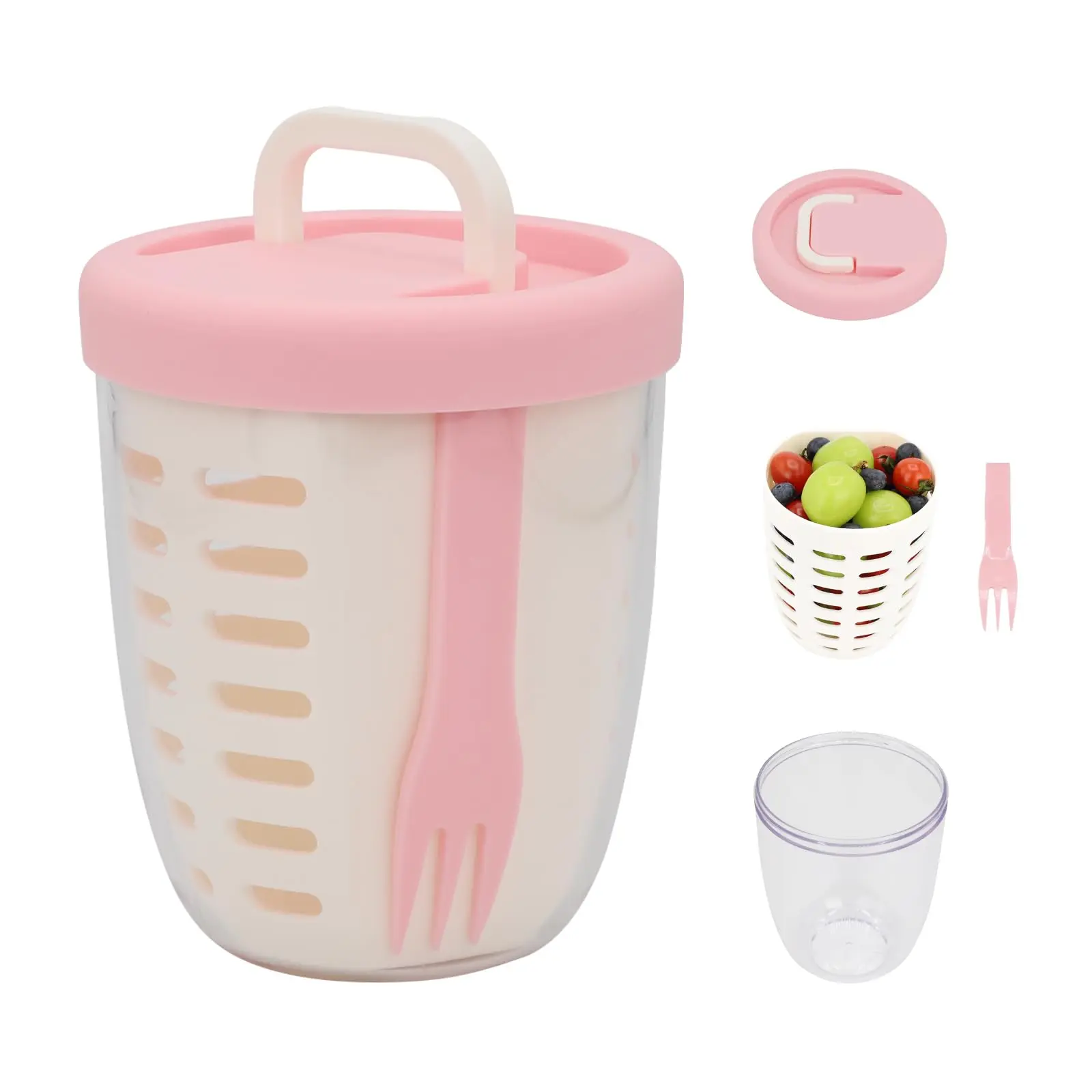 22 oz Pink Kitchen Fresh Fruit Salad Storage Cup - Plastic Reusable Polypropylene Snack Container with Folding Handle, Lid, Fork, Removable Strainer Drain Basket, Leak-Proof Utensils for Longer Freshness, Removable Lid