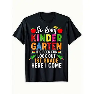 Kindergarten Graduation T-Shirt & - Soft Breathable Fabric, Colorful So Long Kindergarten Graphic Print, Comfortable Short Sleeve Tee, Perfect 1St Grade Celebration Gift, Casual Wear, Playful Print Design, Quality Print Quality  (3-13Y)