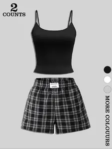 Women's Casual Plaid Set, Sleeveless Tank Top with Short Pants, Comfortable Fit Home Wear for Vacation, Travel, Airport, All Seasons