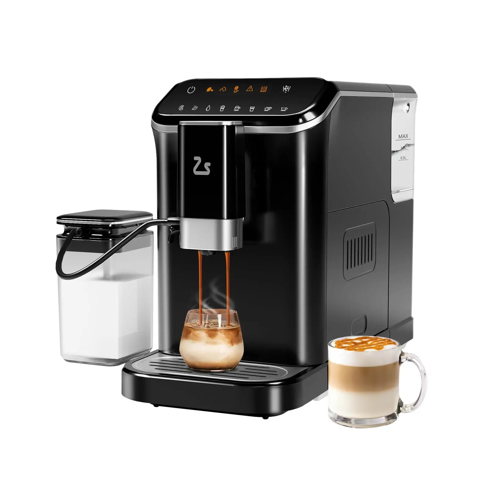 Fully Automatic Espresso Machine with Built-In Grinder and Milk Frother, Touchscreen Control, 20 Bar Pressure, 1.5L Detachable Water Tank, One-Touch Latte & Cappuccino Maker, Black