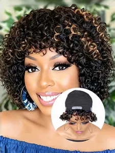 10inch 1b30 Ombre Short Curly Human Hair Wig, Soft Comfortable New Cap, Full Machine Made Pixie Curly Wig, Machine Made Wigs, Beginner Friendly