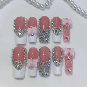 10pcs high-end Premium luxury style, hand-painted three-dimensional bowknot, heart-shaped diamond, dazzling multi-diamonds handmade fake nails,Nail stickers suitable for attending important banquets, birthday parties, family dinners and festival events