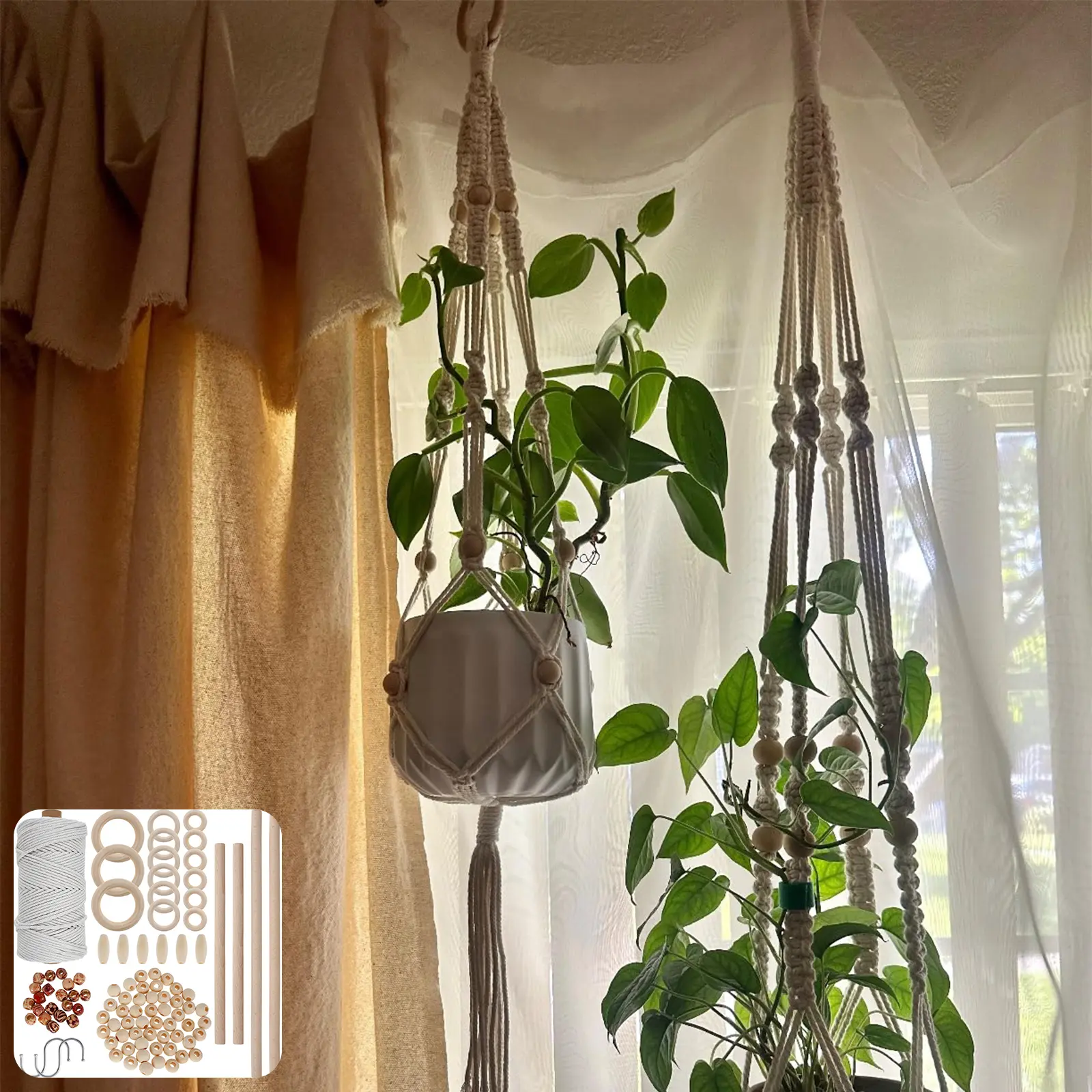 Beginner's Natural Cotton Rope Macrame Kit - Complete DIY Home Decor Hangable Supplies with Wooden Accents, Beads, Rings, Sticks and S Hooks