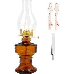 Kerosene Oil Lamp,1 Vintage Kerosene Lamp,1 Tweezers and 2 Wicks,Glass Hurricane Lantern for Indoor Lighting Decoration Outdoor Camping Use (Brown)