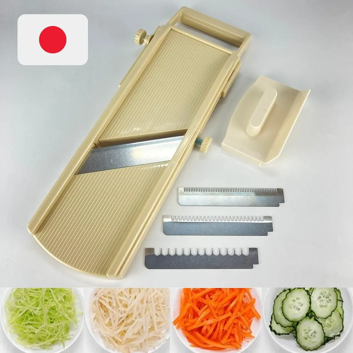Made in Japan Adjustable Mandoline Slicer with Stainless Steel Blade - Kitchen Utensil with Thickness Adjustment, Side Horizontal Movement Adjuster, 1-Hand Easy Replacement for Waffle Fries, Vegetable & Fruit Slicing/Peeling, Round, Peeling Tasks