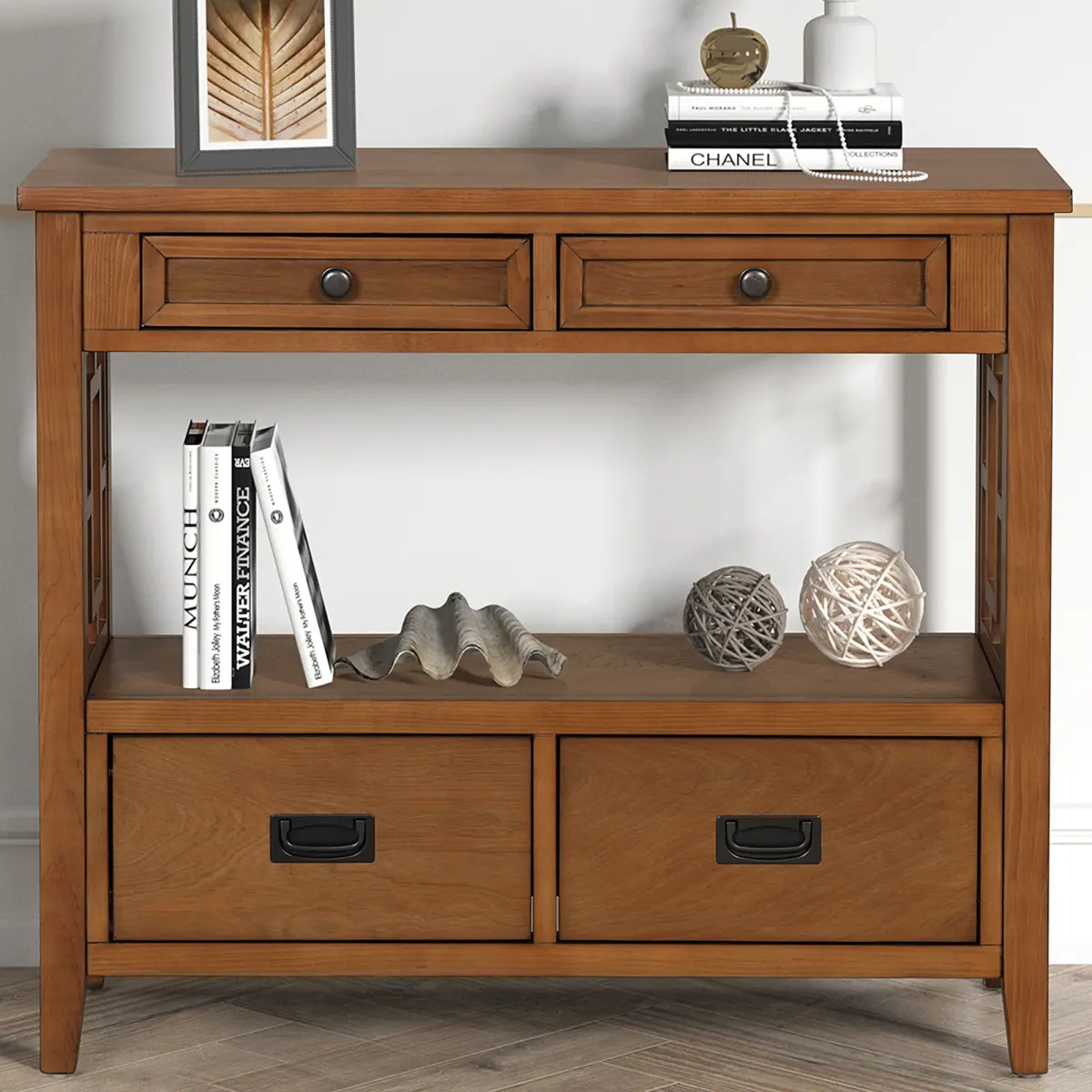 Console Table 36'' Farmhouse Pine Wood Entry Sofa Table with 4 Drawers & 1 Storage Shelf for Entryway Living Room Bedroom Hallway Kitchen (Brown)
