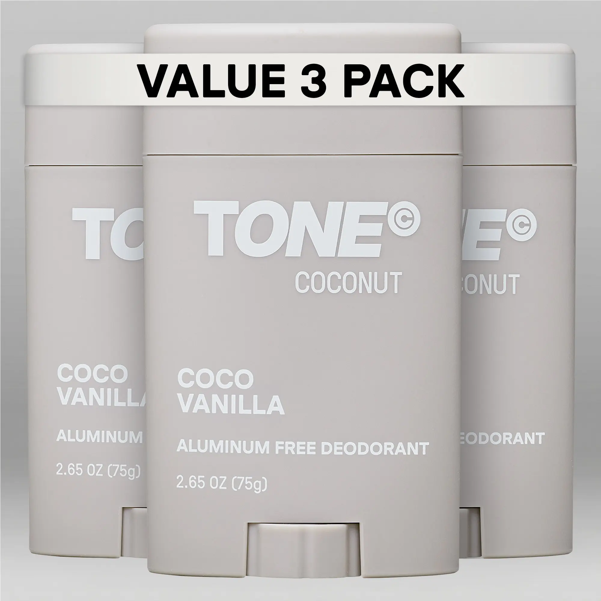 TONE Aluminum-Free Stick Deodorant - Coconut Scent, 48-Hour Long-Lasting Underarms Odor Protection, Magnesium & Probiotic Formula with Shea Butter, Paraben-Free, Derm-Tested for All Skins, 3-Pack