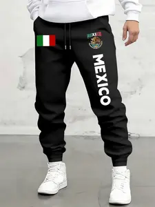 Men's Fashion Casual Sweatpants, Mexican Letter Flag Print Design, Drawstring Waist, Loose-Fitting Long Pants, All Seasons Wear