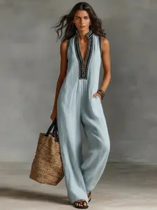 Women's Fashion Sleeveless Jumpsuit, High Waist Loose Fit, Casual Summer Wear, Breathable Soft Fabric, Front Zipper Design
