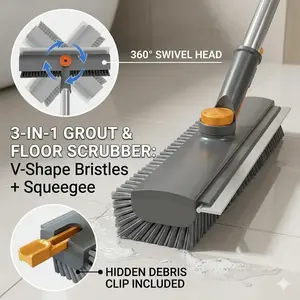 4-in-1 Long Handle Scrub Brush, 360° Rotating Cleaning Brush with Silicone Scraper & Stiff Bristles, Multi-Surface Scrubber for Bathroom, Shower, Wall, Deck, Patio & Garage