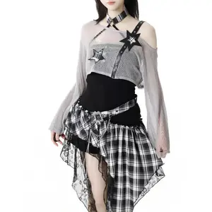2000s Aesthetic Elegant 2 Piece Sets Women Y2k Gothic Irregular Design Blouse + Plaid Chic Dress Female Korea Style Chic Outfits