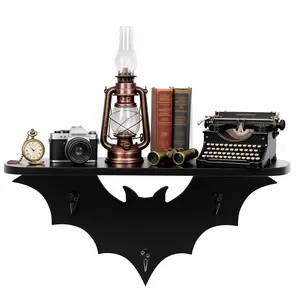 Bat-shaped wall-mounted storage shelf, crystal display rack, 15.5-inch wall shelf, coat and hat rack, wall decor, with 3 key hooks, black, suitable for living room, bedroom, kitchen, Gothic style rooms, birthday gift, Valentine's Day gift, Mother's Day