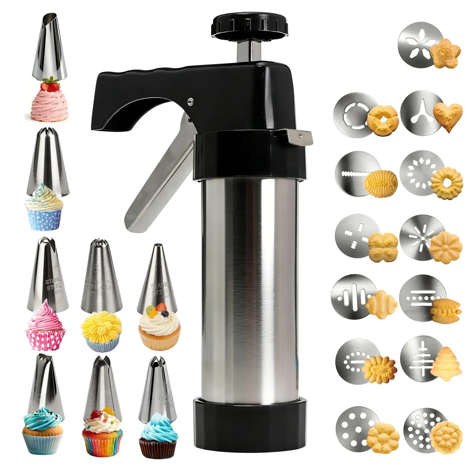 Stainless Steel Ergonomic Squeeze Design Cookie Press Gun Kit - Durable DIY Baking Tool for Friends, Holiday Use with 13 Interchangeable Discs, 8 Piping Tips for Custom Cookie Silhouettes & Cake Icing, All Ages