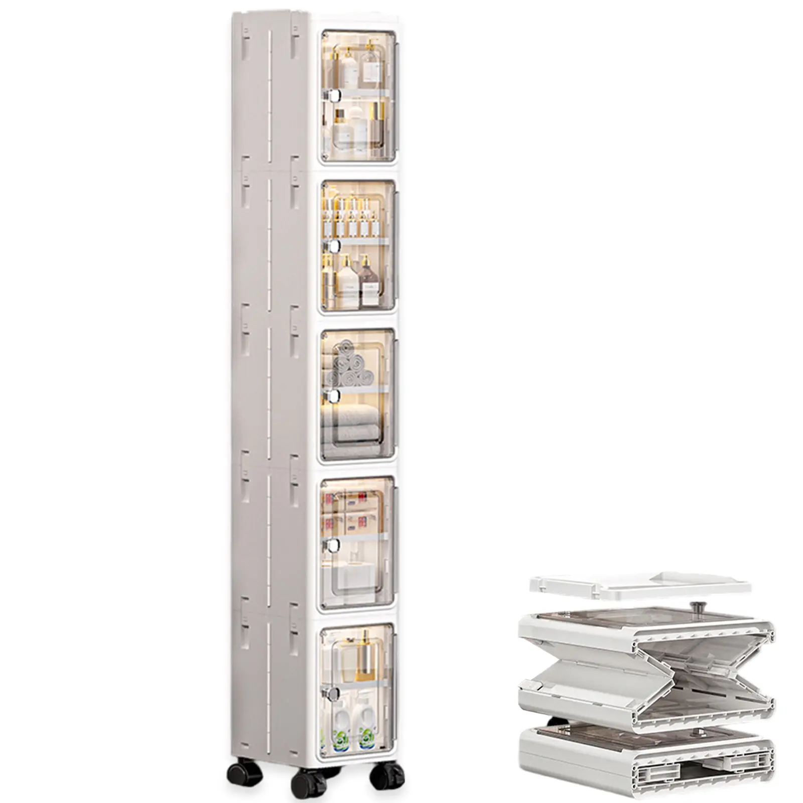 Foldable Storage Cabinet - Freestanding Single Unit with Narrow-Gap Rolling Wheels, Magnetic Sealing Folding Doors, Dustproof Multi-Tiered Design, Storage Containers, Practical Addition for Kitchen Small Rooms
