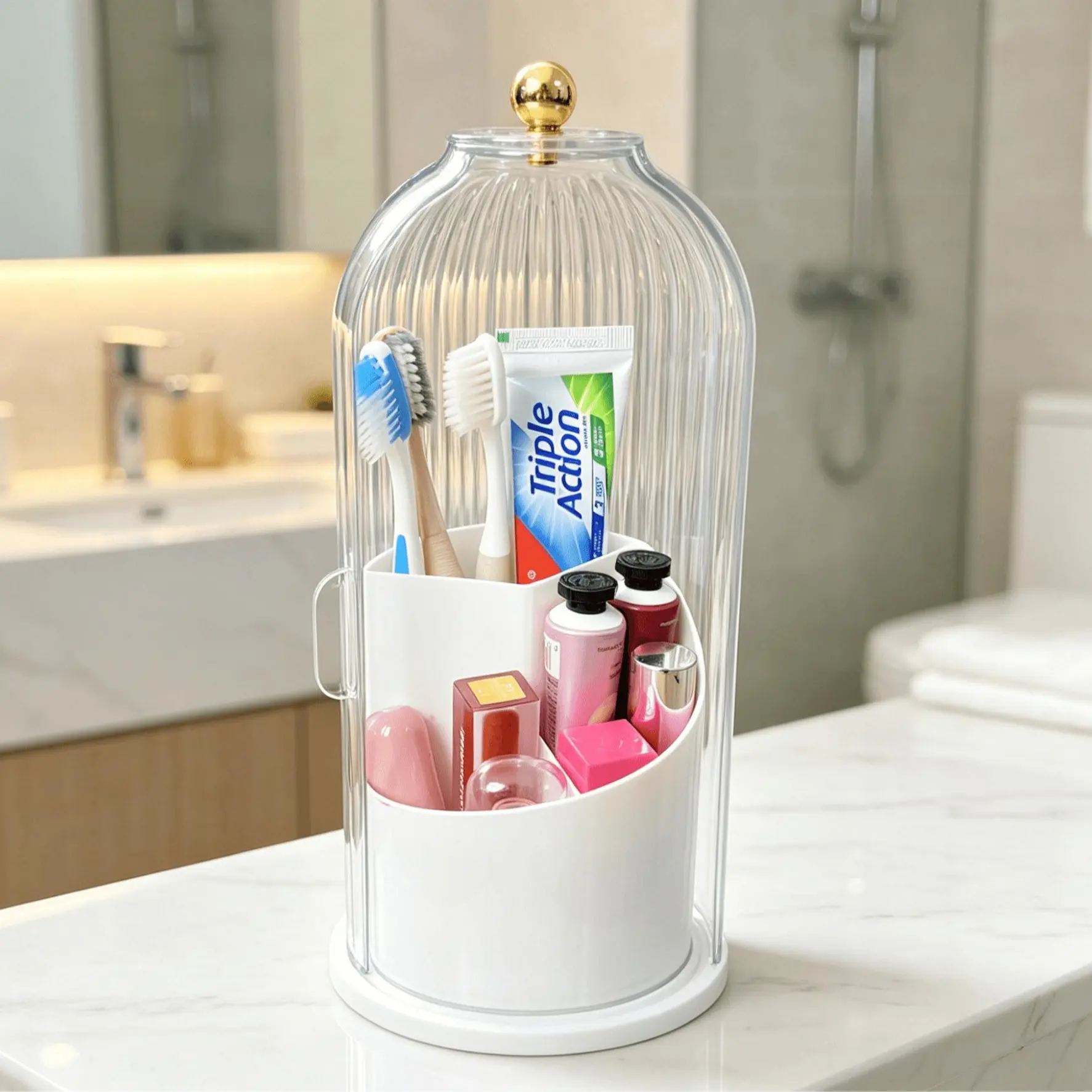 Minimalist 3-Slot Rotating Cosmetic Organizer - Transparent Sliding Dustproof Lid, 360-Degree Smooth Swivel Base, Compact Divided Container Organizer for Vanity Bathroom Counter Storage, Divided Storage