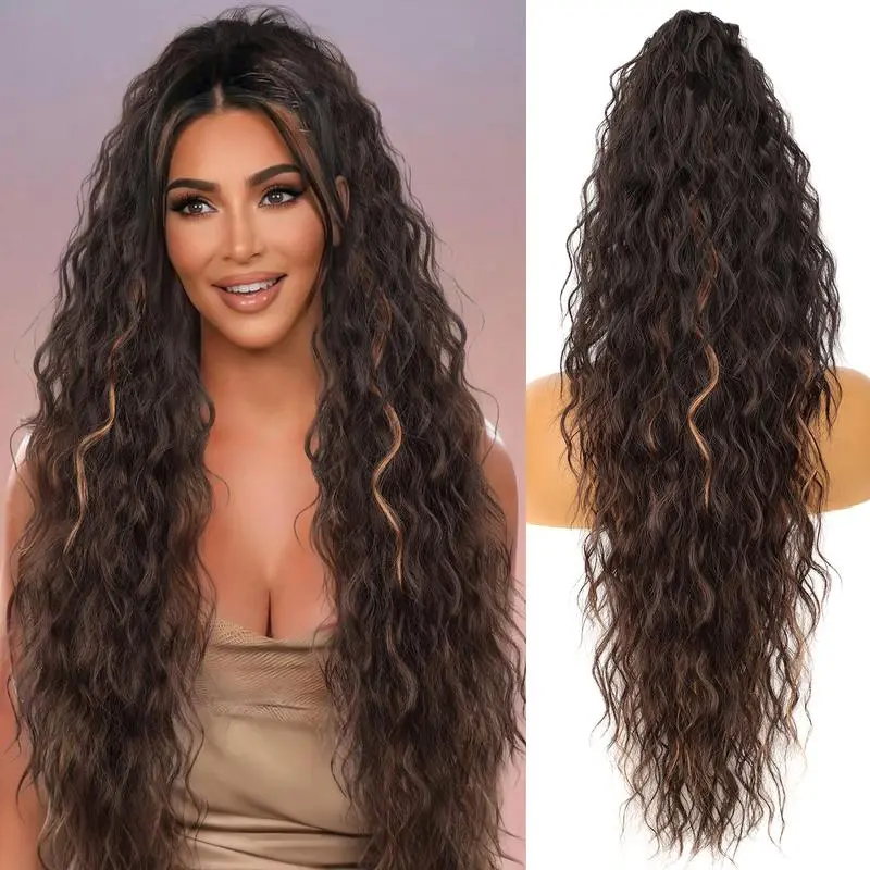 ZIHAN Clip-in Ponytail Hair Extension for Women, 30 in Long Deep Waves, Black Brown Synthetic Fluffy Hair Pieces for Daily Wear & Quick Hairstyle Solutions, Ponytail Hairstyles, 30 Inch Extensions, Clip On