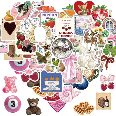 Heart Shaped & Animal & Food Sticker, 50pcs/set Waterproof Self Adhesive Decor Paper Decor Sticker for Gift Greeting Card Water Bottle Laptop Phone Aesthetic Stickers
