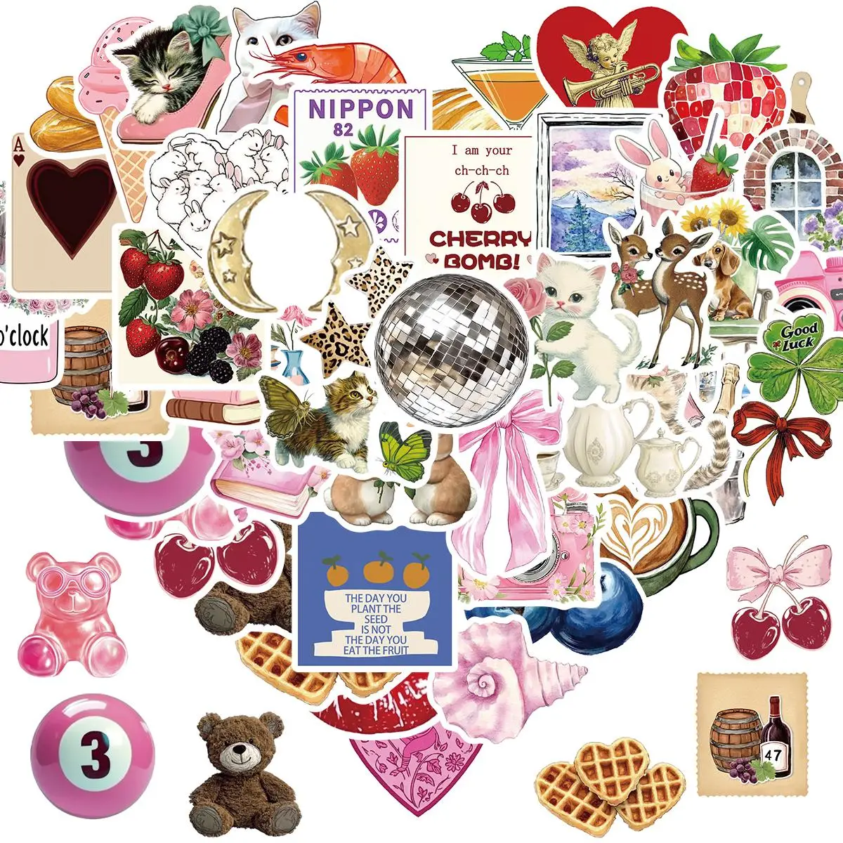 Heart Shaped & Animal & Food Sticker, 50pcs/set Waterproof Self Adhesive Decor Paper, Decor Sticker for Gift Greeting Card Water Bottle Laptop Phone