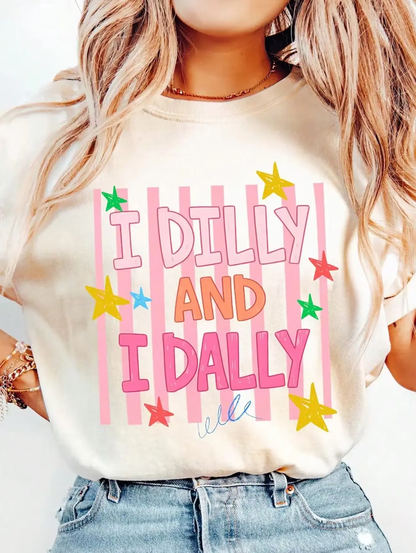 Women's "I Dilly And I Dally" Slogan & Star Print Loose Fit Tee, Kawaii Pastel Pink Striped Letter Graphic Short Sleeve T-Shirt, Preppy Aesthetic Top
