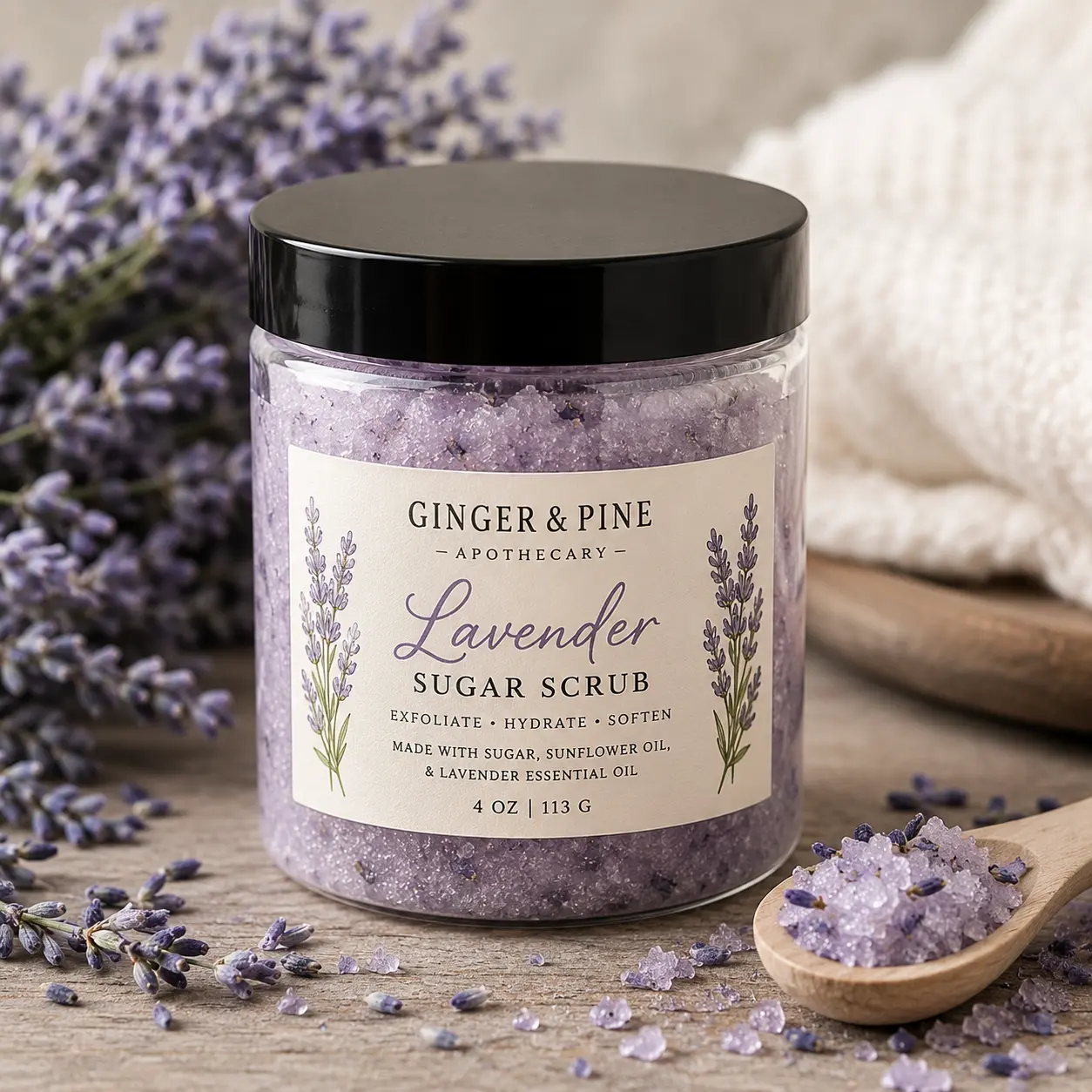 Lavender Sugar Body Scrub, Natural Exfoliating Treatment with Lavender Essential Oil, Relaxing Gentle Nourishing Formula Infused with Sunflower Extract