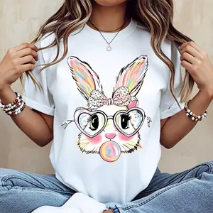 Women's Cute Bunny Rabbit Cotton T-Shirt - White, Colorful Easter Bunny With Heart Glasses & Bubblegum Print, 180G/230G 100% Cotton Fabric, Short-Sleeve/Hoodie, Casual Piece, Soft Comfortable, Made In USA [SaffronSequin]
