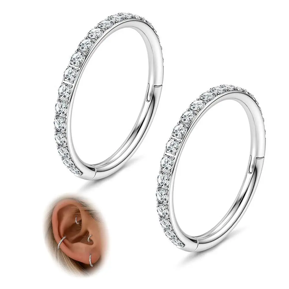 FASACCO 316L Surgical Steel Artificial Zircon Split Ring Hinged Hoop Earrings - 16G/18G Multi-Size, Seamless Look, Secure Click, Women's Jewelry for Tragus, Helix Piercings, Artificial Zircon Earrings, Split Ring Earrings