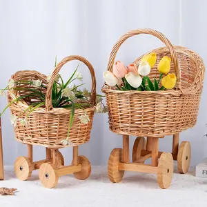 Vintage Wicker Hollow Traditional Baby Carriage Planter, Woven Rattan Stroller-Shaped Flower Box, Home Decor Gift with Tools, Self-Assembly Required for Baby Shower Decor & Photography Props