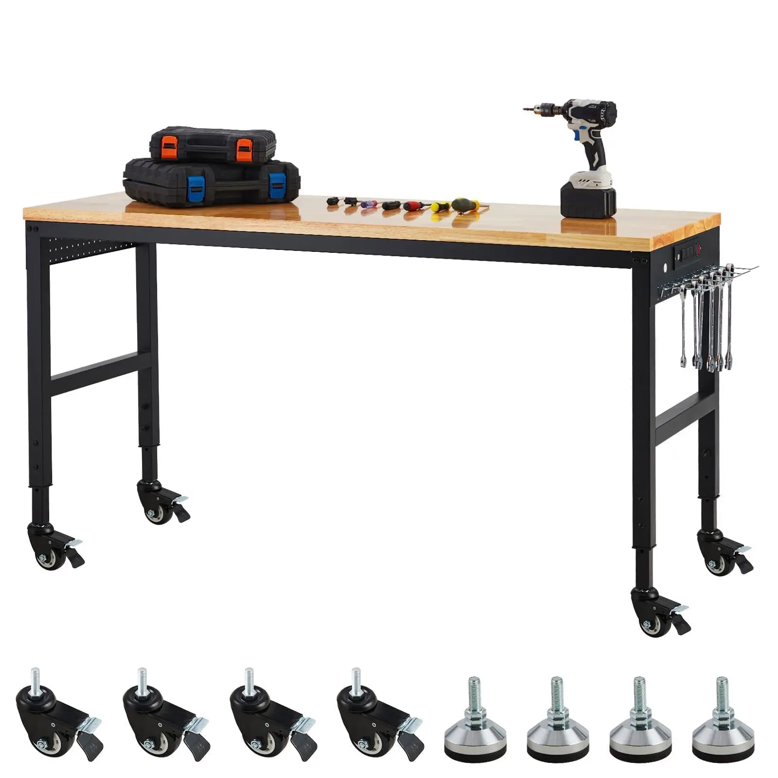 GARVEE Heavy-Duty Rubber Wood Adjustable Workbench (60" x 20"), 28.3-39.5" Height Adjustment, 2000 LBS Load Capacity, Built-In Power Outlets, Lockable Wheels, Durable Heavy Duty Desks & Workstations Component