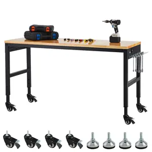 GARVEE Adjustable Workbench,60" x 20" Heavy-Duty Rubber Wood Shop Table with 28.3-39.5 Inches Height Adjustment,2000 LBS Load Capacity ,Garage Workbench with Power Outlets & Lockable Wheels