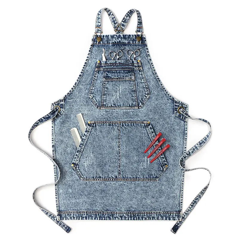 Unisex Abrasive-Resistant Cotton Washed Denim Apron with Big Pocket, Home Supplies for Kitchen & Coffee Shop Use, Aprons with Pockets for Unisex Wear