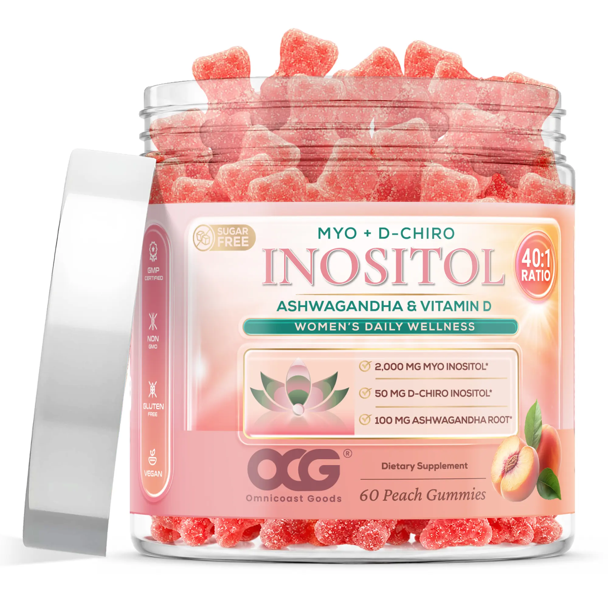 Myo-Inositol & D-Chiro Inositol Gummies with Ashwagandha - 40:1 Ratio for Hormone Balance & Ovarian Health, Sugar-Free, Pcos Nutrition, Pcos Relief Edible Supplement Healthcare Dietary