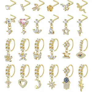 24 20G Surgical Steel Dangle Nose Ring for Women L Shaped Dangling Nose Stud Dainty Nose Hoop Set CZ Flower Leaf Heart Moon Star Butterfly Dangle Nose Piercing